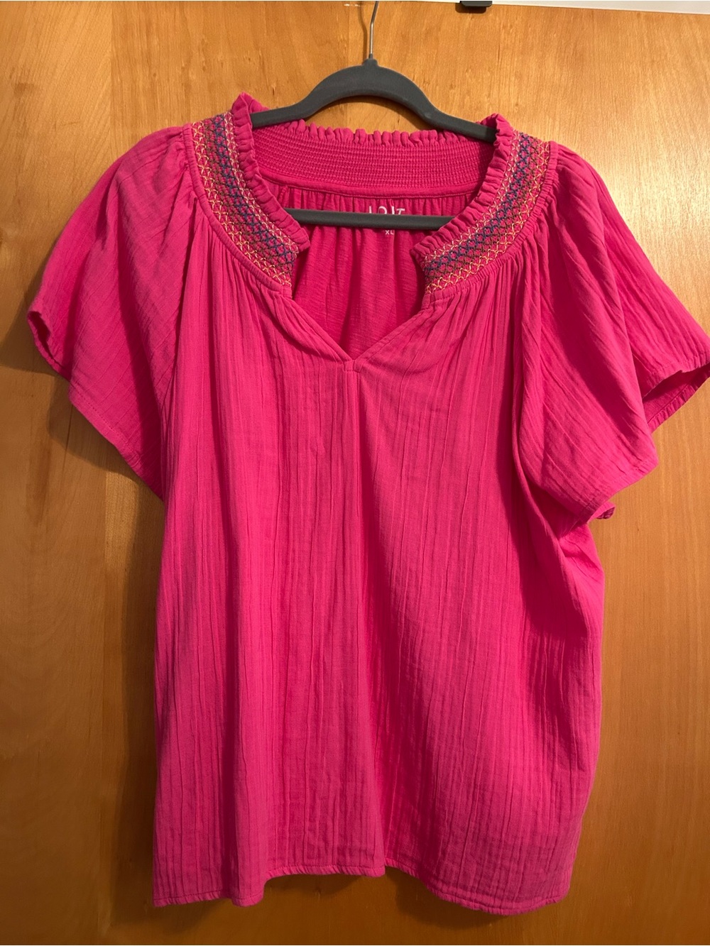 LOFT Hot Pink Smocked Embroidered Neck Flutter Sleeve Tunic